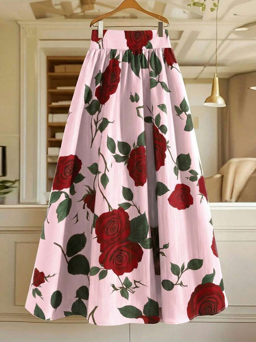 GlowEve 女式优雅休闲大花灰棕色喇叭裙 - 粉色 - 查看 1