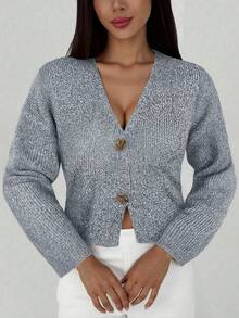 Aloruh New Simple And Fashionable Office Commuting Deep V Neck Long Sleeve Slim Button Cardigan, Versatile Casual Knitted Sweater In Fall/Winter - Grey - View 5