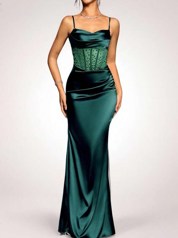 Coutiva Women's Rhinestone Embellished See-Through Long Evening Gown Maxi Dress, Formal, Party Dress, For Wedding Guest