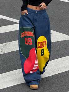 Muchica 女士秋冬趣味图案印花弯刀牛仔裤 - 藍色 - 查看 1