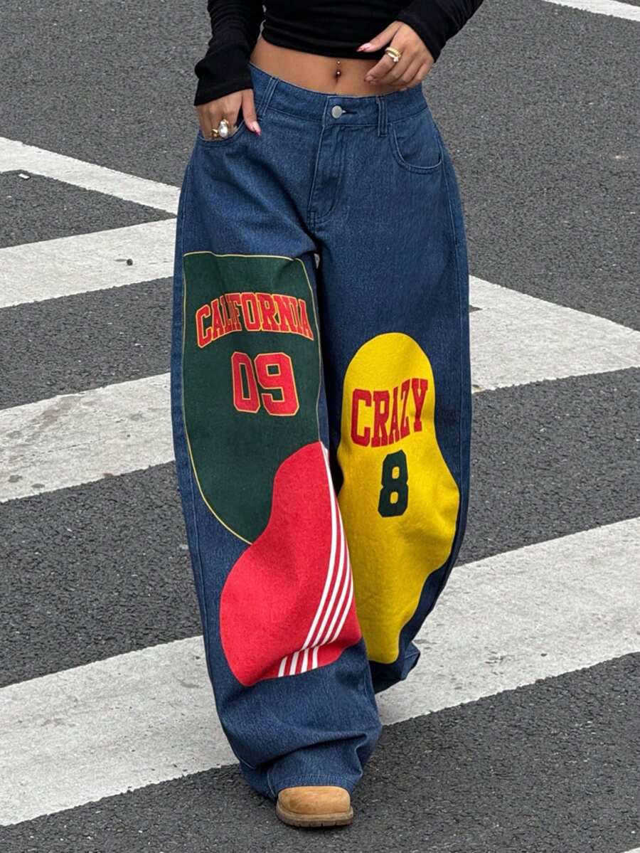 Muchica 女士秋冬趣味图案印花弯刀牛仔裤 - 藍色 - 查看 1