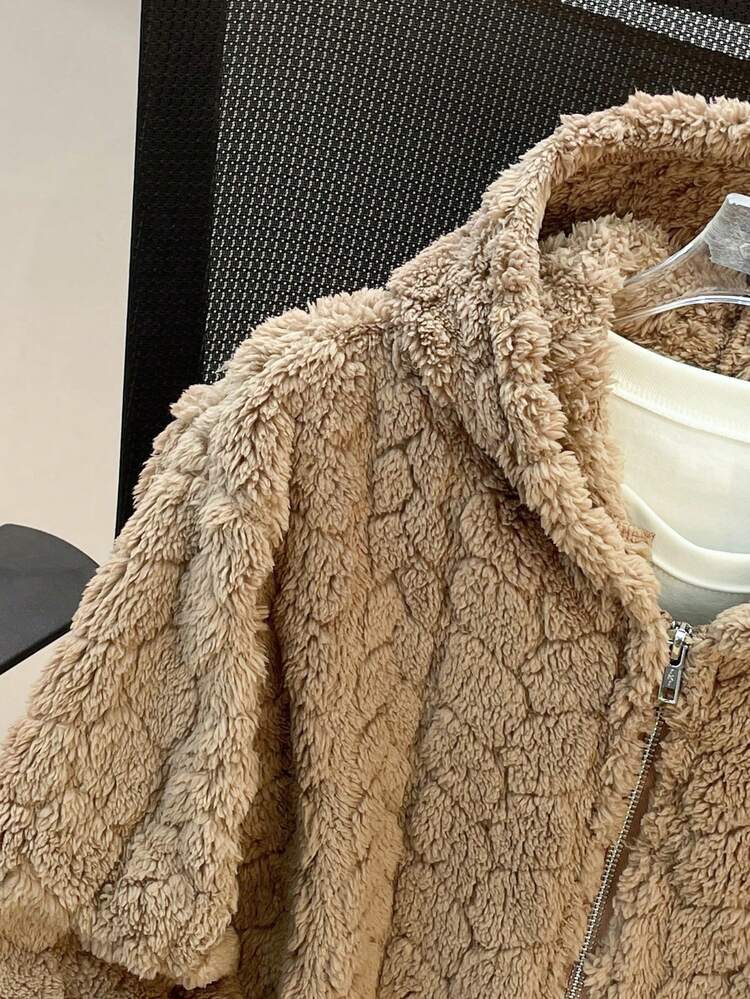 SHEIN Tween Boy Hooded Casual Sports Textured Fleece Zip-Up Jacket, Suitable For Commuting, School, Everyday Casual, Travel, Sports, Autumn/Winter - Brown - View 5