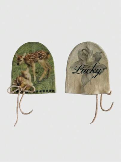 Fairycore 1pc Green Double-Sided Printed Deer & Floral Pattern Bowknot Knit Hooded Hat, Fashionable Minimalist Design Versatile Women Beanie, Suitable For Daily, School, Party, Shopping Outfits