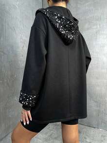 EURMUSE Áo khoác dài tay màu đen dáng regular fit, có mũ trùm đầu đính sequin, thích hợp cho mùa thu và mùa đông. - màu đen - Xem 2