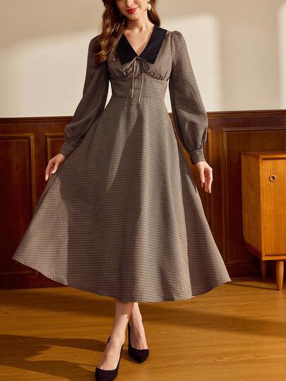 Vintamour Vintage Classic Elegant Women's Dress, Autumn/Winter Fitted Colorblock Lapel Dress, Bow Dress, Plaid Dress, Long Sleeve Flared Dress, Coffee Color Dress