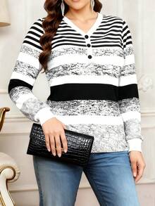 EMERY ROSE New Striped Print Zipper Elegant Casual Versatile Plus Size Sweatshirt - Multicolor - View 3