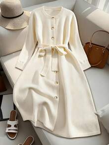 SHEIN LUNE CURVE Cárdigan de manga larga con cuello redondo, botones y cinturón, talla grande - Albaricoque - Ver 1