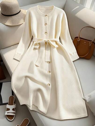 GlowEve CURVE Cárdigan de manga larga con cuello redondo, botones y cinturón, talla grande