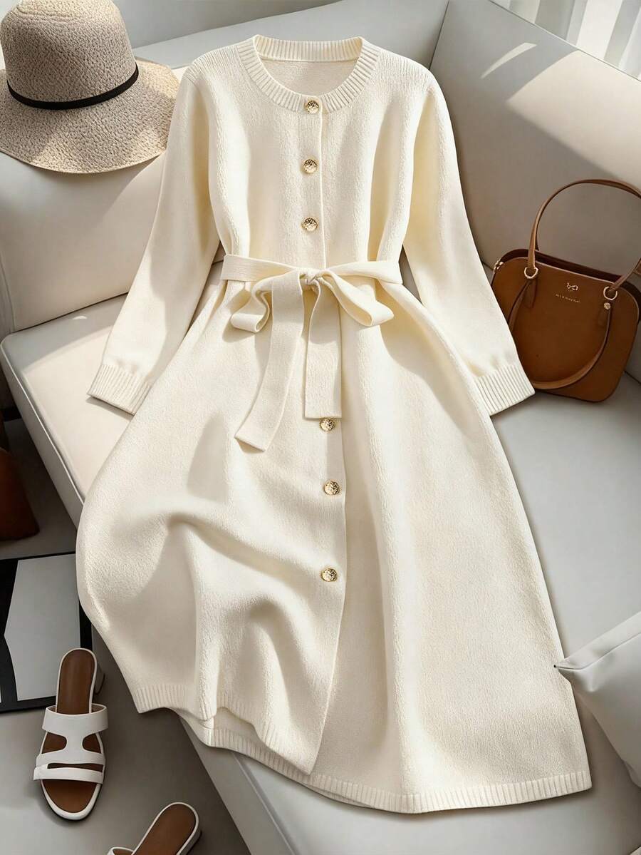SHEIN LUNE CURVE Cárdigan de manga larga con cuello redondo, botones y cinturón, talla grande - Albaricoque - Ver 1