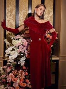 PREMIUM CONTRAST FUZZY ASYMMETRICAL SHOULDER VELVET DRESS - Burgundy - View 7