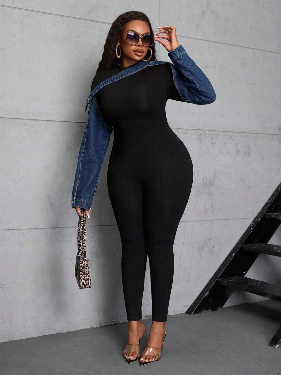 SHEIN CURVE+ Spring Plus Size Women Cowgirl Style Blue Denim Jacket, Unique And Spring - Dark Wash - View 1