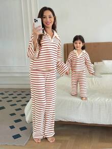 SHEIN Babygirl Cute Casual Versatile Striped Long Sleeve Polo Shirt & Elastic Waist Pants Set - Red - View 6