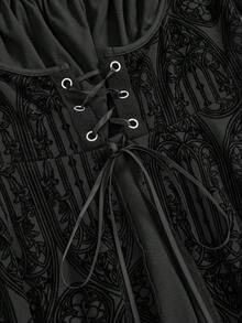 ROMWE Váy xếp ly lưới thêu họa tiết Gothic Church dành cho nữ - màu đen - Xem 3