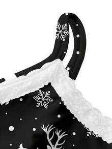 Shutterstock Glamance 两件套女士蕾丝边饰小鹿雪花印花吊带背心上衣和短裤套装，可爱两件套，女士短裤套装，两件套短款服装，短款两件套，驯鹿印花套装，可爱两件套，女士短裤套装，两件套短款服装，短款两件套，驯鹿睡衣套装 - 黑色 - 查看 4