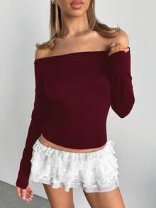 SHEIN EZwear 女士露肩修身休闲长袖T恤，酒红色，春秋季 - 酒紅色 - 查看 4