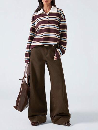 LYSMO 2025新款极简主义冬季女装时尚休闲棕蓝条纹印花纽扣T恤，适合外出、返校、毕业典礼、街头风以及斯德哥尔摩风格休闲装扮，是冬季新年和圣诞节的理想之选。