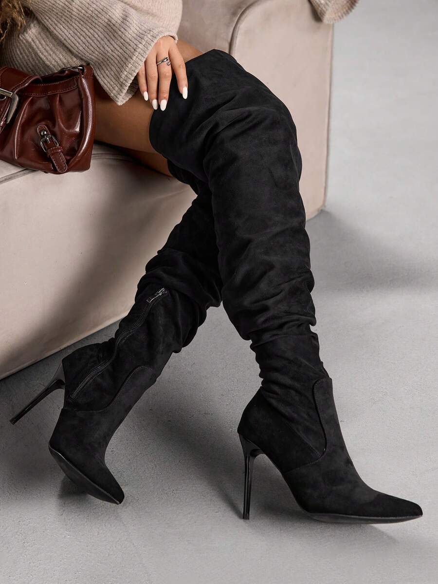 CUCCOO SZL Botas de tacón de aguja sexy y con puntera puntiaguda para mujer, botas negras de estilo sobre la rodilla de fácil puesta