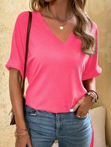 EMERY ROSE Solid Color V-Neck Loose Long Casual T-Shirt With Side Slits - Coral Pink - View 5