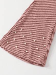 女童休闲衬衫套装，卡其色蝴蝶结设计，串珠针织罗纹面料，白色长袖翻领荷叶边下摆衬衫，搭配卡其色珍珠喇叭裤，2 件套，适合返校季休闲、时尚、甜美、舒适的户外旅行装 - 粉色 - 查看 8