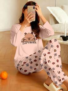 2 Piece Sets Girls Cartoon Print Long Sleeve T-Shirt & Comfortable Pants Pajama Set, Tween Girl Sleepwear Kawaii Pajamas Teen Girl Clothes - Multicolor - View 1