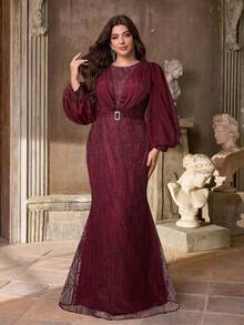 Aureia Plus Size Formal Elegant Evening Burgundy Spring Sequin Embroidered Satin Lantern Sleeve Waist Belt Mermaid Hem Trailing Gown For Party,Prom,Wedding - Burgundy - View 7