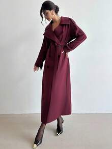 Firerie 女士优雅工作街头时尚通勤老款 Ancla 红色纯色长袖简约前扣长款腰部收紧双排扣双腰带长袖长外套夹克、风衣、休闲日常穿着秋冬复古勃艮第长款羊毛大衣、双排扣大衣 - 酒紅色 - 查看 8