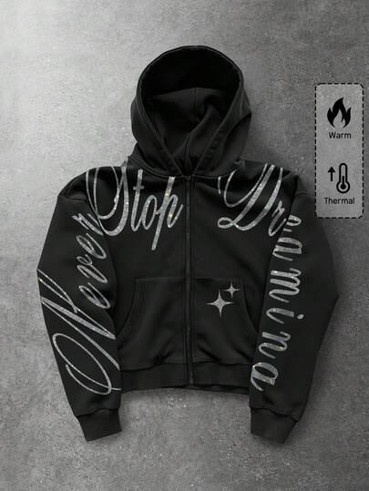 Street Life Men's Fashion Street Dark Rhinestone Letter Print Zip-Up Hooded Fleece Sweatshirt, Autumn/Winter