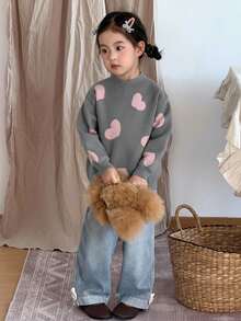 SHEIN 女童休闲心形图案套头毛衣 - 灰色 - 查看 5