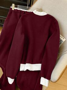 Resyla 女士撞色外套阔腿休闲运动裤两件套，秋季款 - 酒紅色 - 查看 2