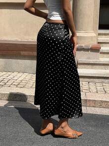 MainGRL 时尚休闲黑色缎面波点女裙 - 黑色 - 查看 2