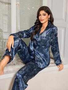 LuxeNights 女士优雅藏蓝色缎面长袖睡衣裤套装，翻领带口袋，冬季服装 - 藏蓝色 - 查看 5