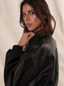 Easelle Áo khoác da PU Snow Flake cổ điển mới thu đông - màu đen - Xem 8