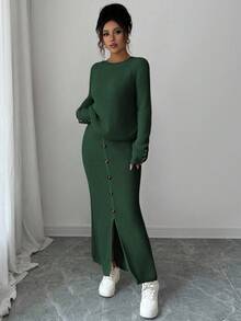 SHEIN Elenzya 女士纯色纽扣毛衣和裙子套装 - 墨綠色 - 查看 3