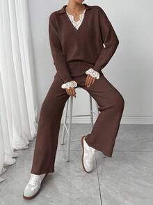 Modelyn Damen Lässig Kontrast Spitze Drop Shoulder Pullover und Hose Set, Herbst/Winter