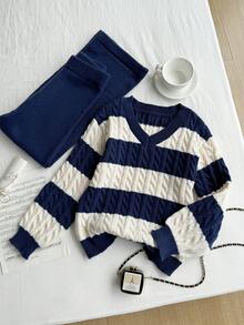 Sparklyn 青少年女孩 V 领时尚蓝白拼色宽条纹针织毛衣和宽松羊毛编织长裤，适合日常外出、度假聚会、秋冬季节 - 藏蓝色 - 查看 4