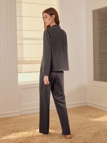 MOTF PREMIUM WOMEN CONTRAST PIPING LONG SLEEVE TOP & PANTS PAJAMA SET - Grey - View 3