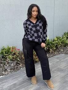 Alexandranx Checkerboard Pattern Casual Cardigan Sweater For Women,Long Sleeve Tops,Fall Clothes Checkerboard - Black - View 4