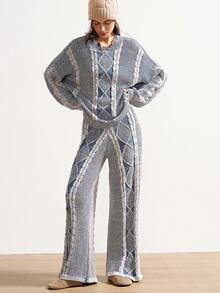 Bohemela Boho Winter/Spring Outerwear, Vintage Women's Casual Twist Knot Casual Crew Neck Long Sleeve Special Dye Technique For A Subtle Faded Hue Versatile Women Sweater, Western Country Style Concert Party, Suitable For Beach Vacation & Daily Wear & Back To School & Going Outs & Party, Christmas , New Year , 2000s Y2k , Summer Holidays - Blue and White - View 8