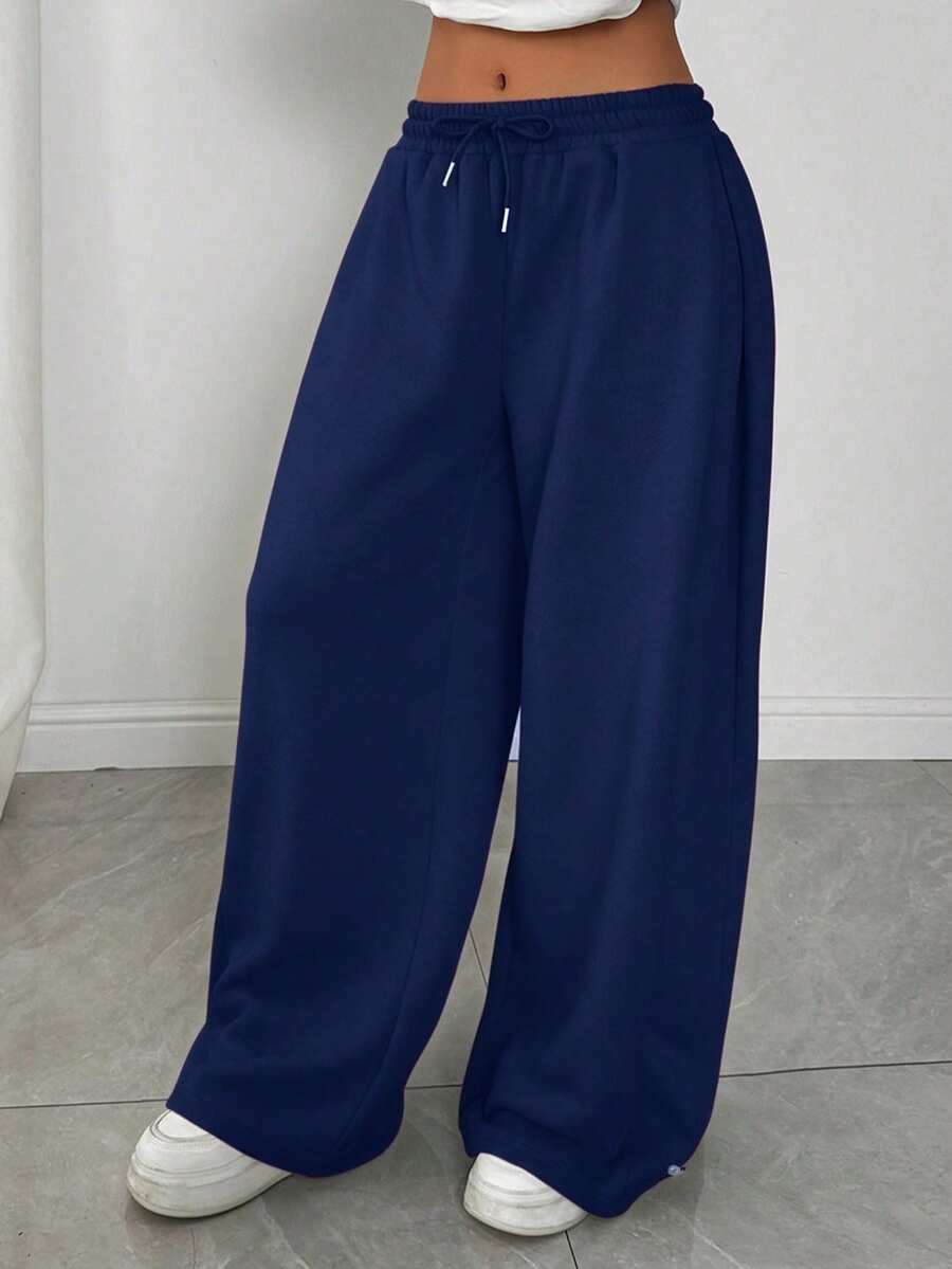 SHEIN EZwear 女士休闲纯色抽绳腰带运动裤 - 藏蓝色 - 查看 1