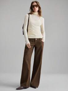 Ontre 女士秋冬休闲宽松直筒牛仔裤，带口袋，百搭实用，适合都市通勤，简约时尚。 - 棕色 - 查看 2