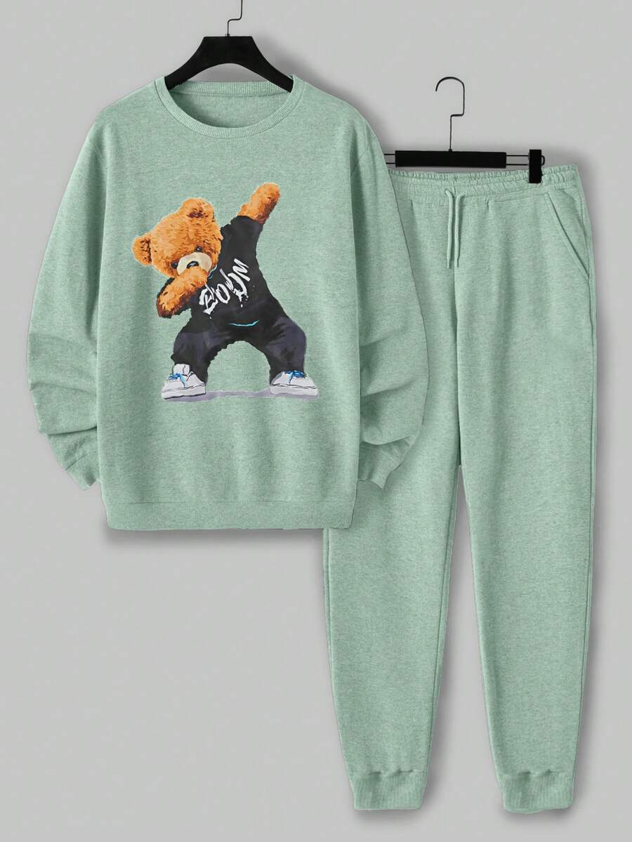 EURMUSE Men Bear Printed Regular Sweatshirt Set - Mint Blue - View 1