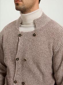 Męski, jednokolorowy, elegancki, dwurzędowy kardigan z długim rękawem, jesień/zima - Morela - Zobacz 1