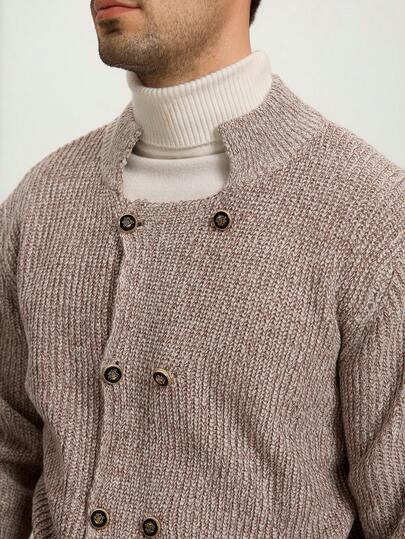 Manfinity CityGents Men's Solid Color Double-Breasted Elegant Long Sleeve Cardigan, Autumn/Winter Men Outerwear Men Sweater Jacket European Style Clothes Men