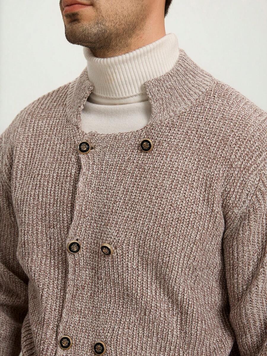 Męski, jednokolorowy, elegancki, dwurzędowy kardigan z długim rękawem, jesień/zima - Morela - Zobacz 1