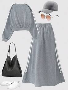 女士休闲圆领条纹蝴蝶结拼接卫衣，百搭套头衫搭配中长裙，秋冬装 - 灰色 - 查看 2