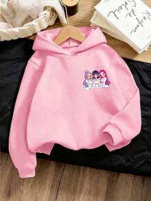 SHEIN 少女休闲时尚舒适简约百搭创意可爱卡通/动漫/韩流风格字母印花抓绒卫衣，适合秋冬季户外、运动、上学等场合穿着。 - 粉色 - 查看 2