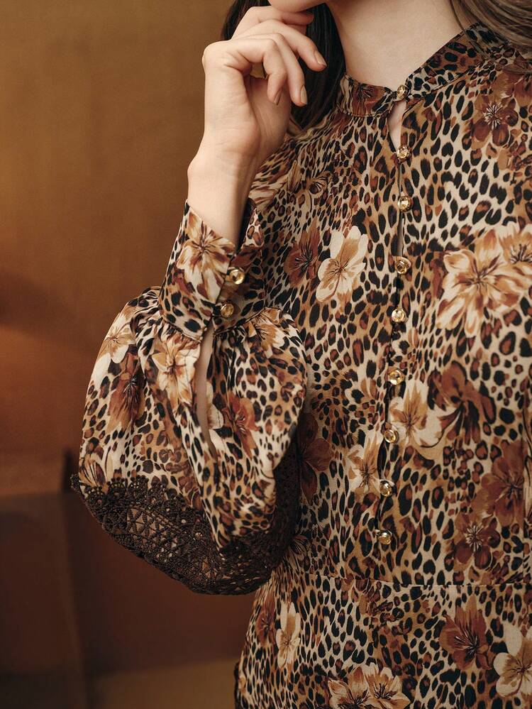 Women's Long Sleeve Casual/Work Leopard Floral Print Contrast Lace Puff Sleeve Bodycon Dress