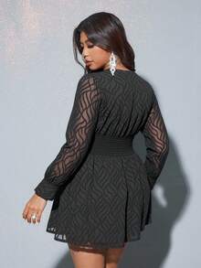 Viva Relle Party Christmas Plus Size Women Solid Color Waist Cinched Fitted Casual Elegant Long Sleeve Slim Fit Party Mini Dress - Black - View 2