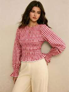 Poéselle 女士时尚优雅格子印花长袖衬衫 红色格子上衣 红色方格纹上衣 褶皱上衣 春季女士泡泡袖上衣 褶皱女装 - 紅白色 - 查看 4