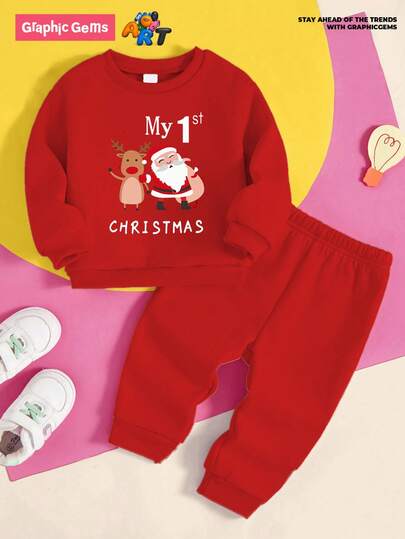 SHEIN Playful Pals Merry Christmas Baby Boy Fashion Cute Cartoon Reindeer Santa Claus Graphic Letter Print Comfortable Outfit, Crew Neck Sweatshirt And Sweatpants Set, Suitable For Christmas Party And Outing First Christmas Baby Boy Baby Boys Jumpsuits Baby Christmas Pajama Family Matching Christmas Outfits My First Christmas Baby Outfits